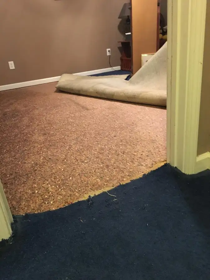 Carpet pad removal revealing water damage during Drying & Dehumidification in Butner